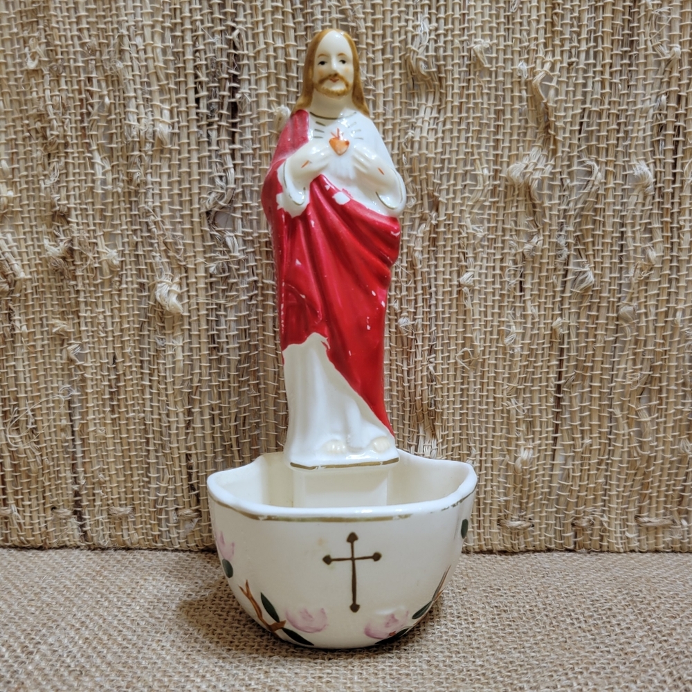 Vintage Sacred Heart of Jesus Holy Water Font Gilt Ceramic